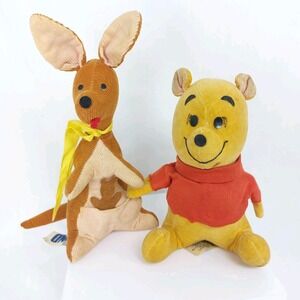 Vintage 1960's Gund‎ 5" Winnie The Pooh, 6"Kanga and Roo Wood Chips Japan Disney